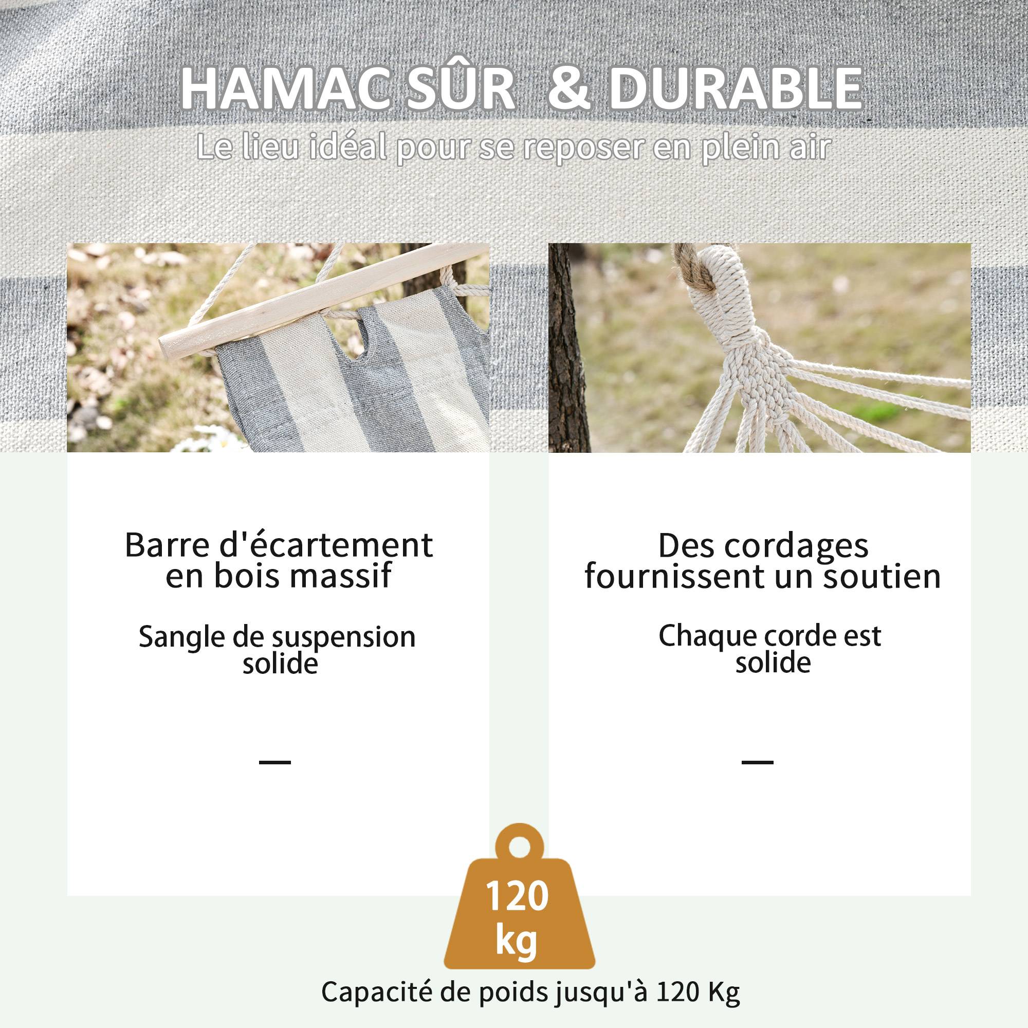 Hamac suspendu toile coton jardin terrasse design respirant 200x100cm gris écru rayé - ComfortXL Outdoor Living - Image 7