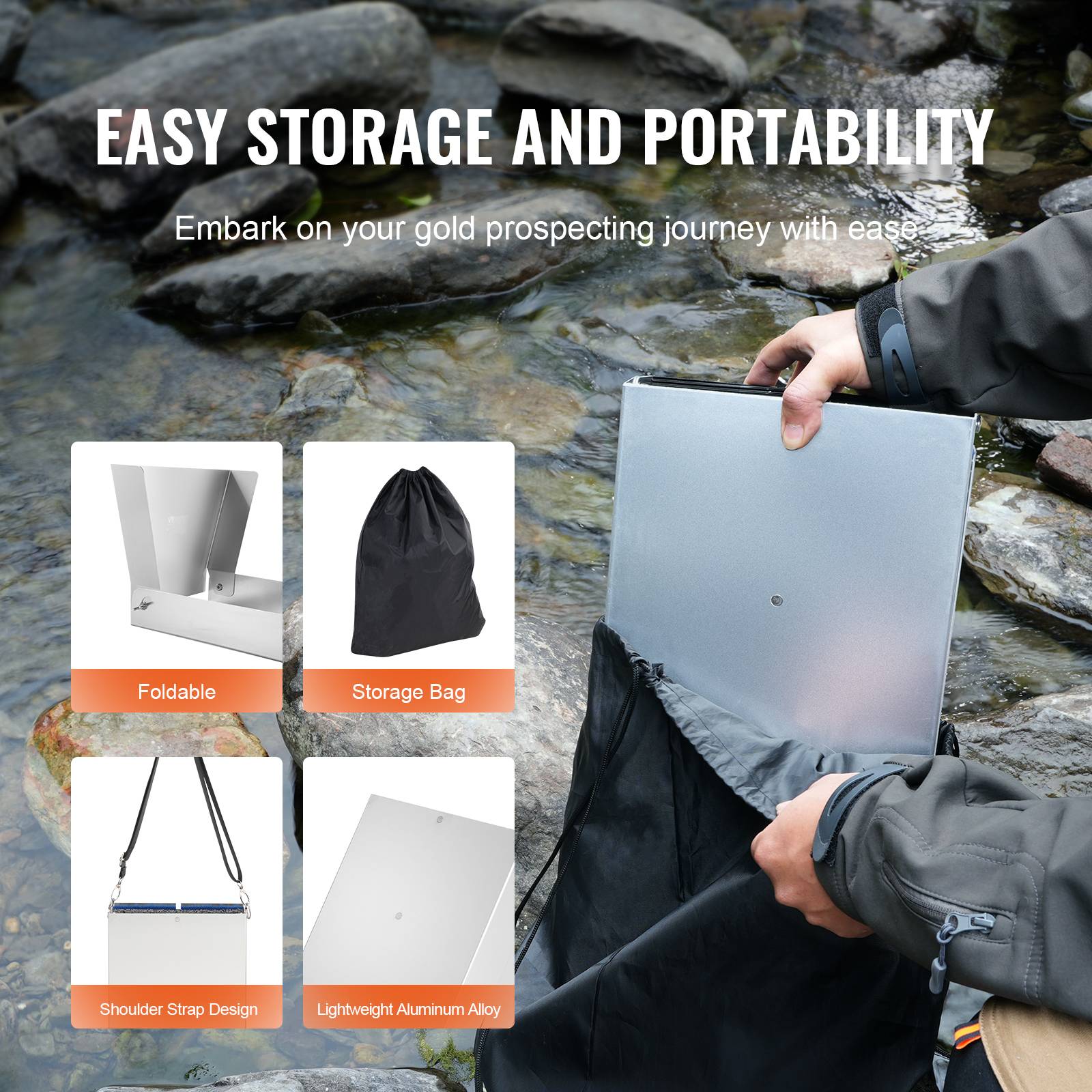 VEVOR Kit orpaillage 23 pièces, rampe 127 cm aluminium avec batee, tamis, pelle, sac. - Image 5