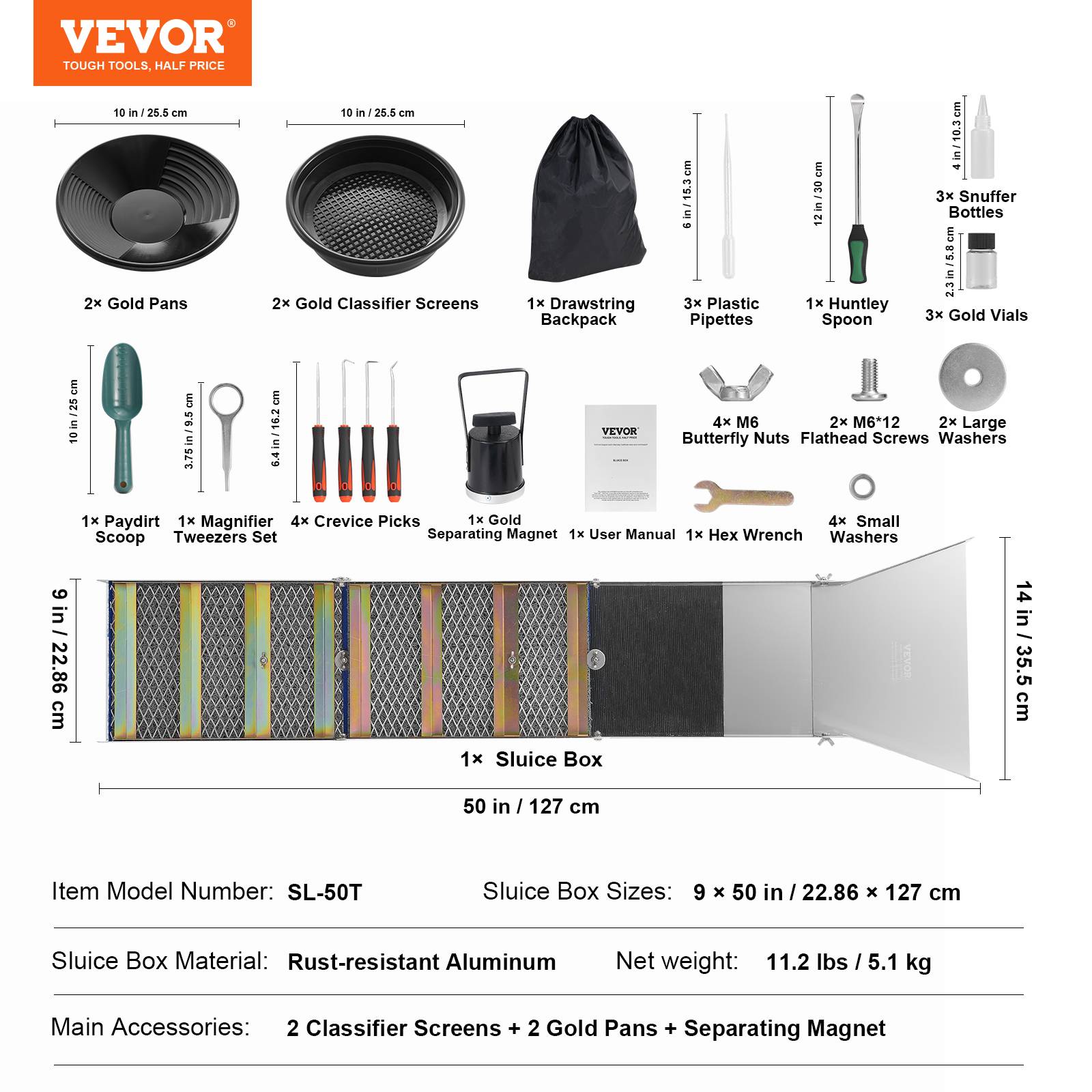 VEVOR Kit orpaillage 23 pièces, rampe 127 cm aluminium avec batee, tamis, pelle, sac. - Image 7