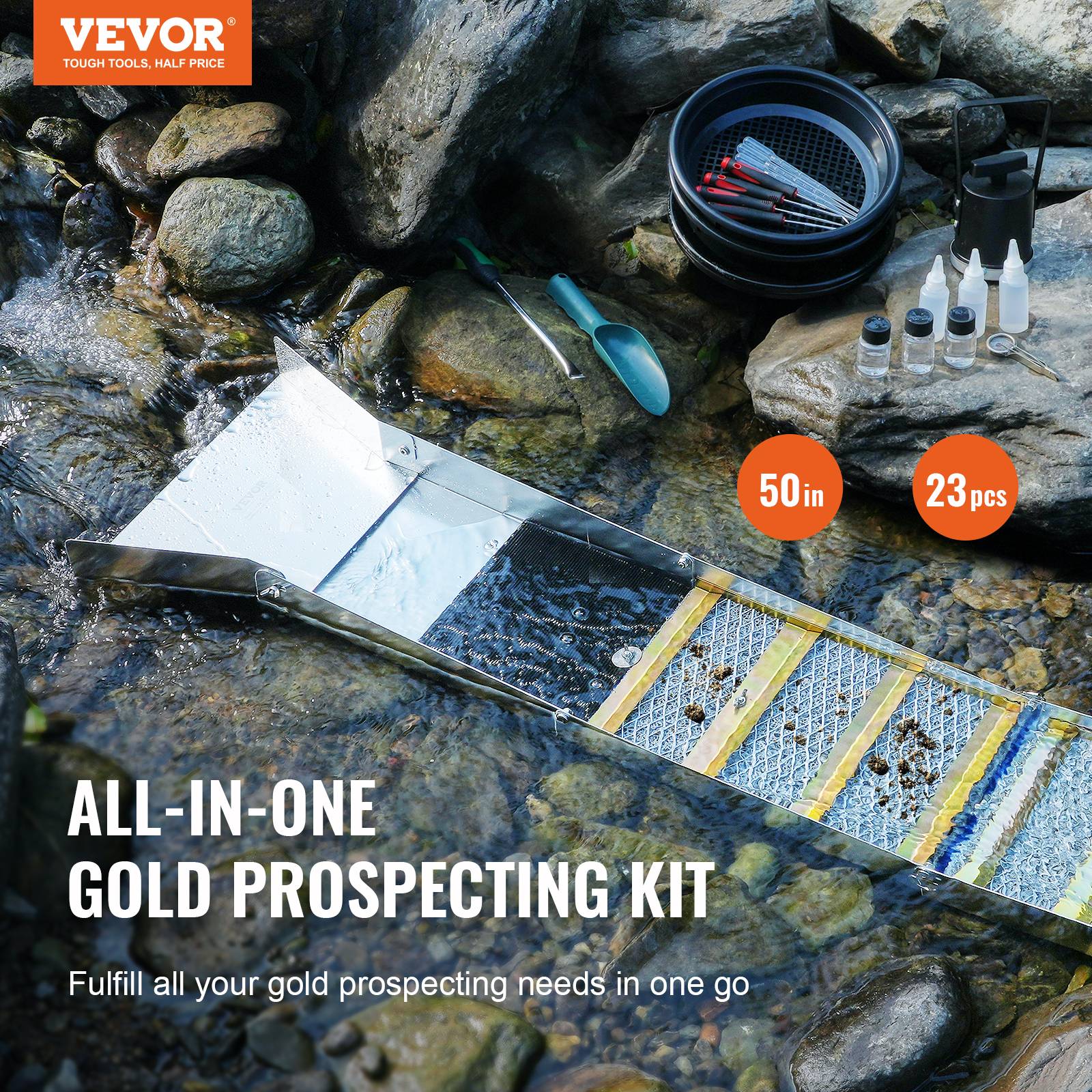 VEVOR Kit orpaillage 23 pièces, rampe 127 cm aluminium avec batee, tamis, pelle, sac. - Image 2