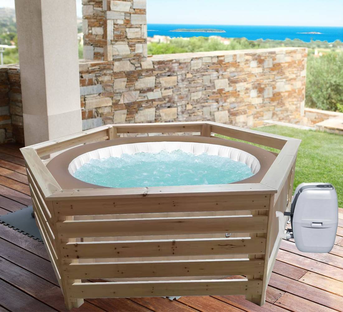 Habrita - Habillage bois hexagonal pour spas et piscines gonflables / largeur extérieure 2,35 m x largeur intérieure bord à bord 1,84 m x hauteur 0,71 m - Image 5