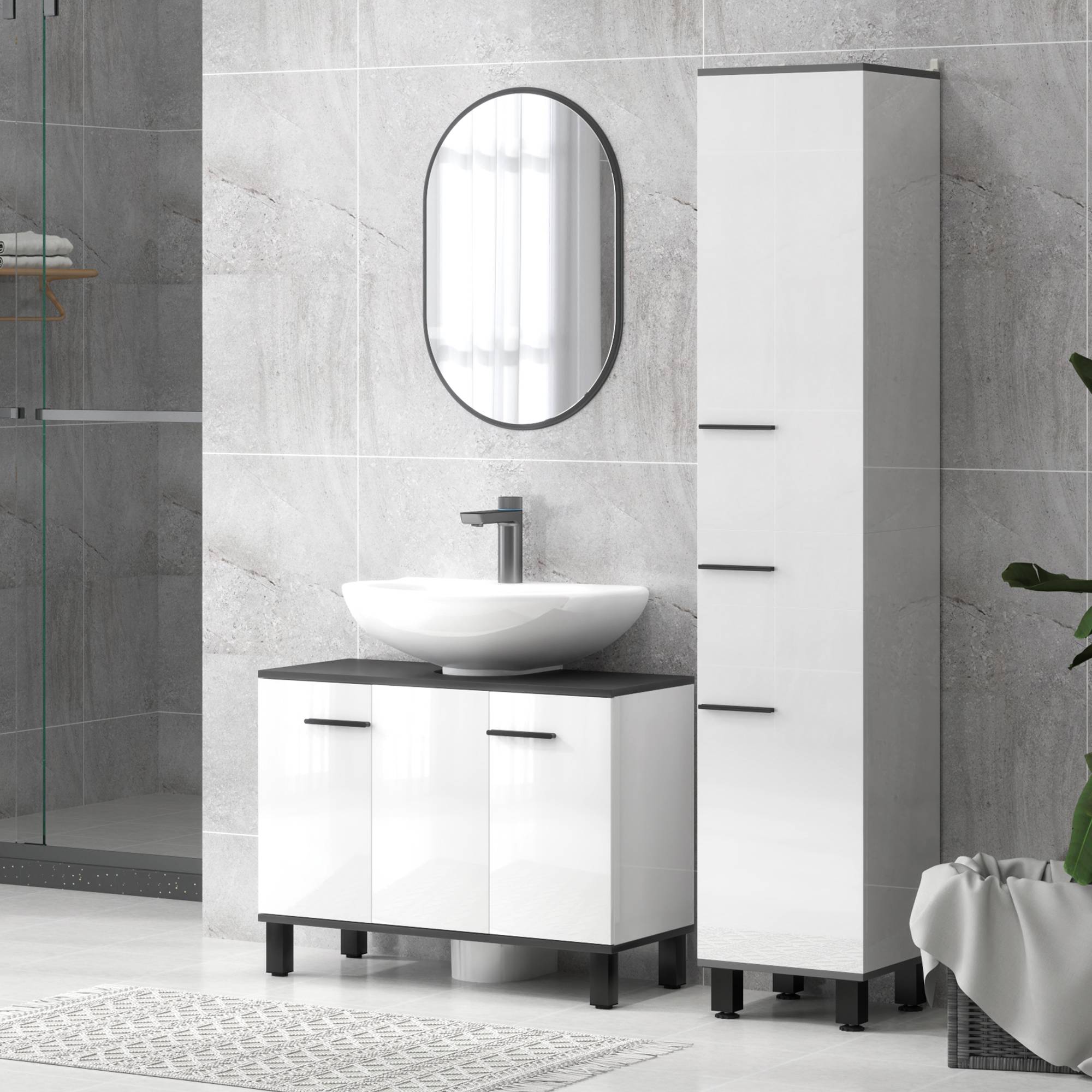 Sans Marque - Meuble vasque salle bain armoire 2 portes étagère réglable 80x34x60 cm blanc brillant - Image 4
