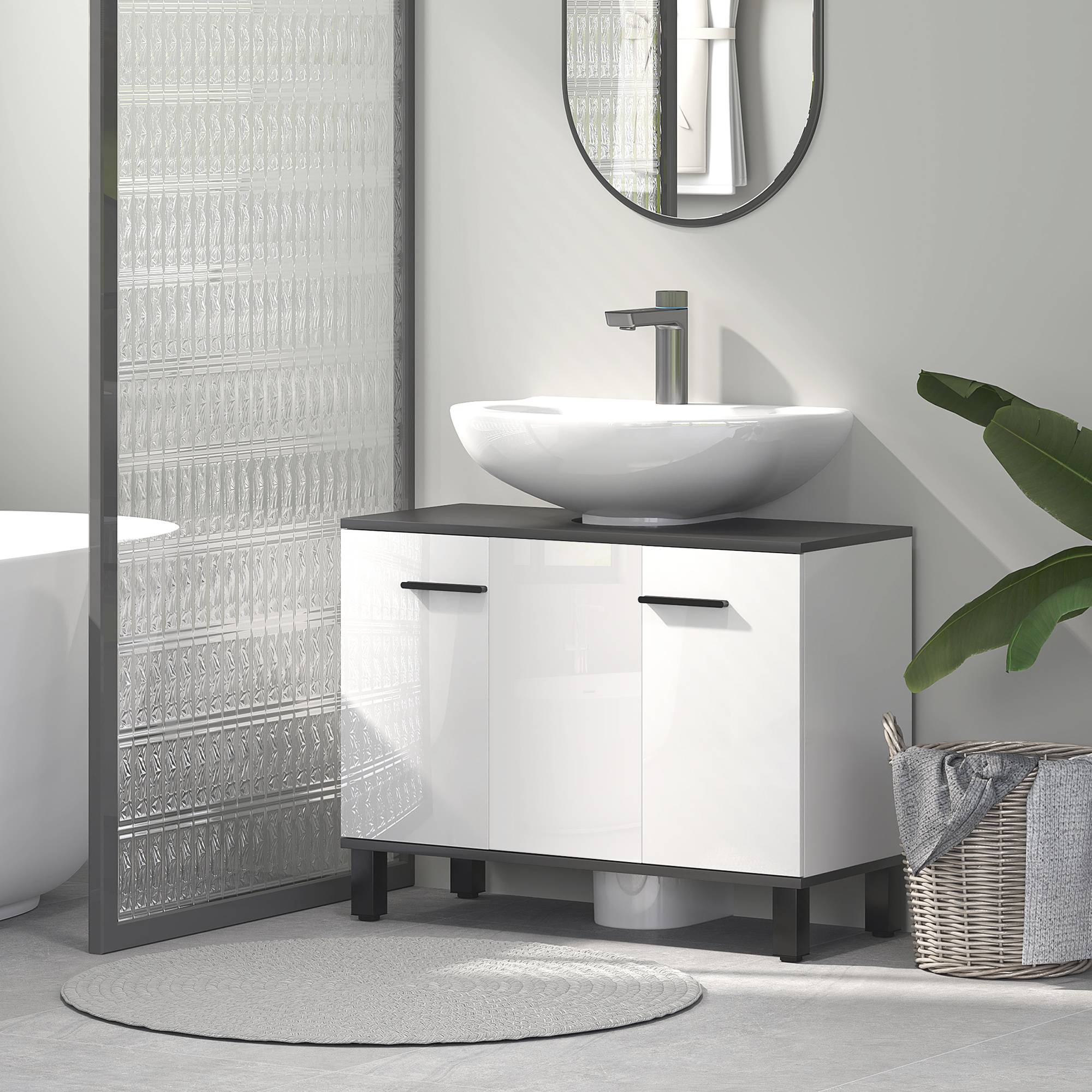 Sans Marque - Meuble vasque salle bain armoire 2 portes étagère réglable 80x34x60 cm blanc brillant - Image 3