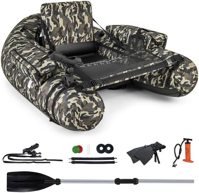 Bateau de Pêche Gonflable avec Dossier et Pagaie, Bateau Gonflable avec Règle à Poisson Support de Canne Poches de Rangement Palmes Pompe - Image 1