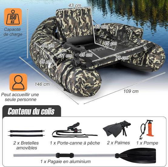 Bateau de Pêche Gonflable avec Dossier et Pagaie, Bateau Gonflable avec Règle à Poisson Support de Canne Poches de Rangement Palmes Pompe - Image 5