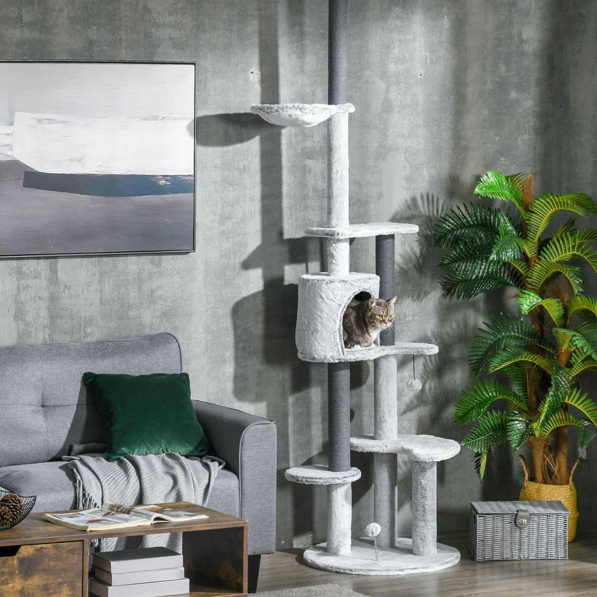 Sans Marque - Arbre à chat avec vérin, hamac, maison, plateformes, balle, 225-255cm, Gris - Image 4
