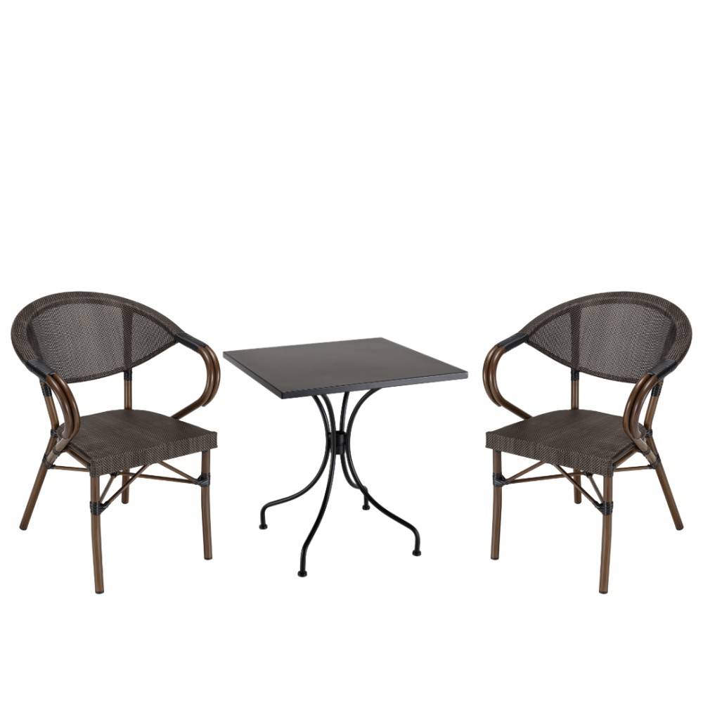 Macabane - VIANNEY - nsemble de jardin en acier table 70x70cm et 2 chaises marron - Image 1