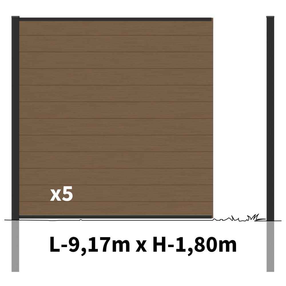Kit Clôture Bois Composite Bronze 9x1,8m RIO - Poteaux en Aluminium Noir - Brise Vue - Palissade - Image 2