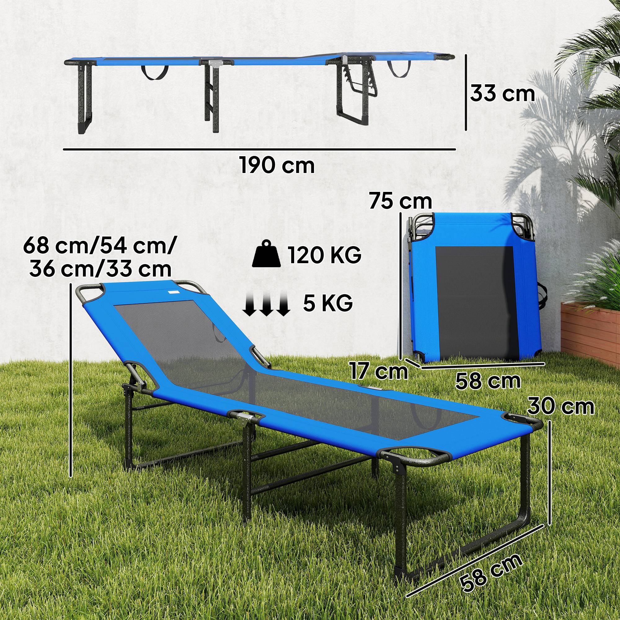 Sans Marque - Chaise longue pliante, dossier réglable en 4 positions, poignée de transport, couleur bleue. - Image 5
