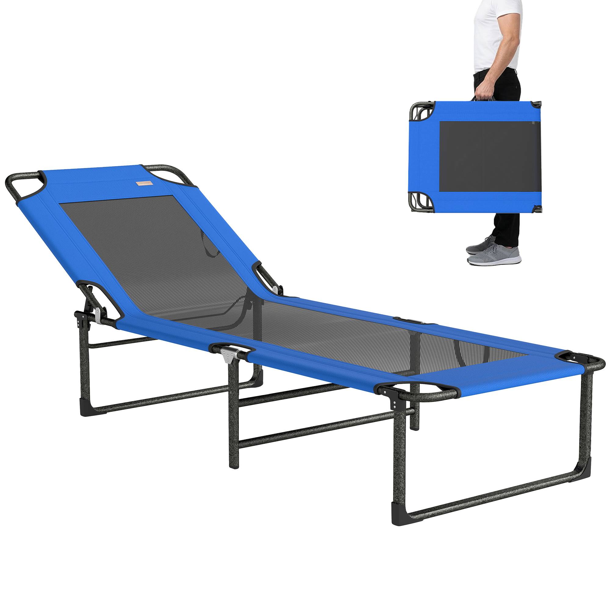 Sans Marque - Chaise longue pliante, dossier réglable en 4 positions, poignée de transport, couleur bleue. - Image 1