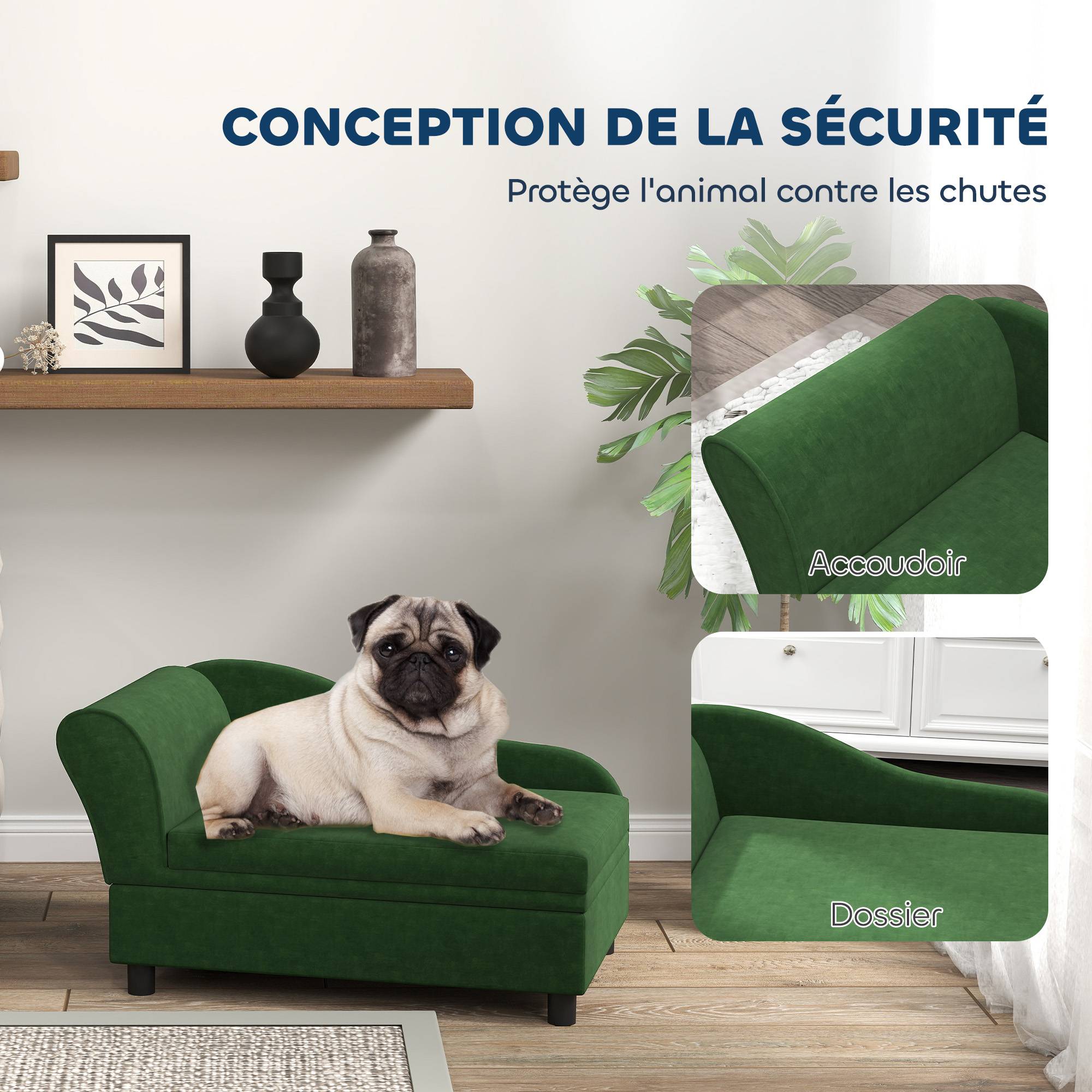 Sans Marque - Canapé chien chat sur pied avec coffre de rangement style moderne coussin d'assise amovible 76 x 45 x 43 cm vert - Image 8