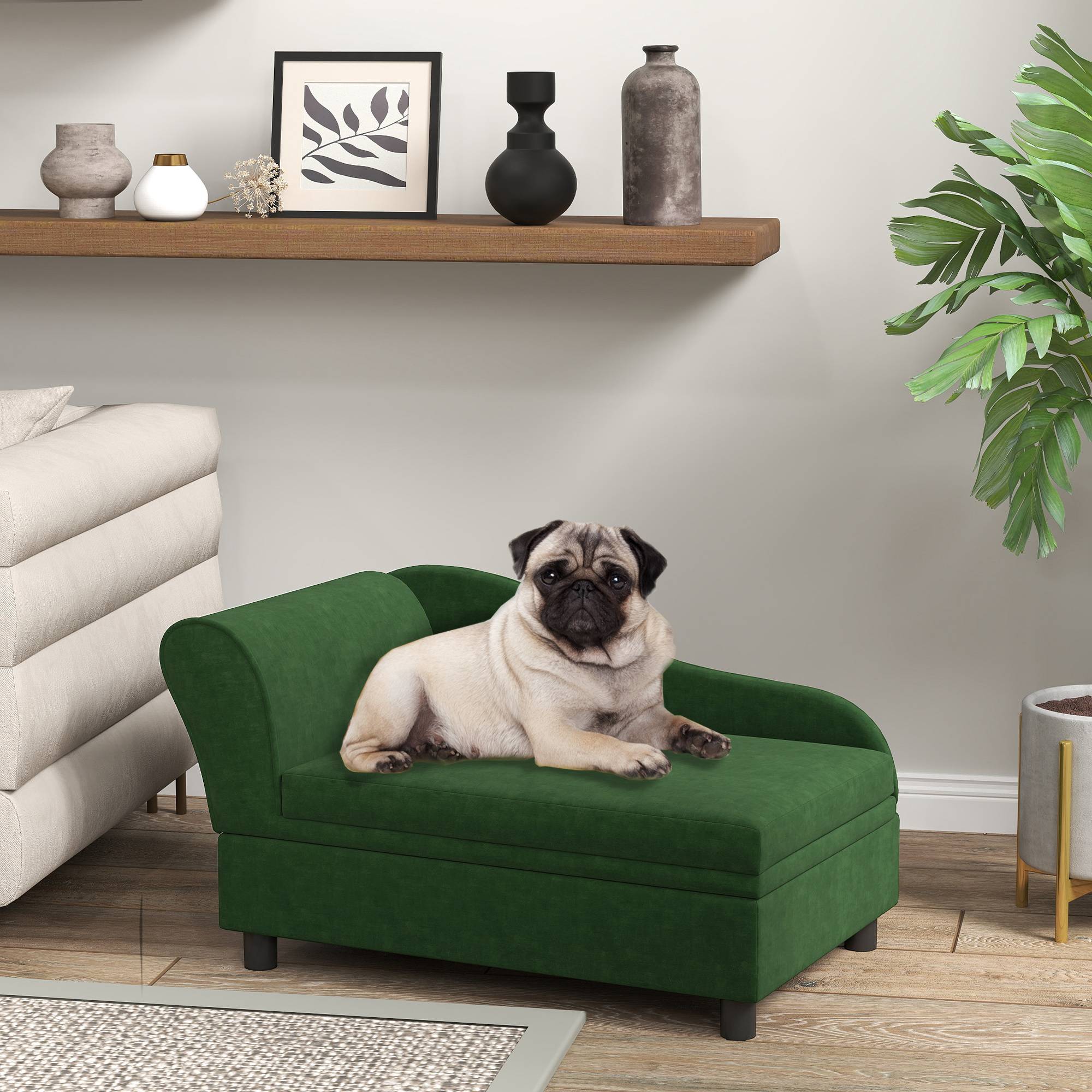 Sans Marque - Canapé chien chat sur pied avec coffre de rangement style moderne coussin d'assise amovible 76 x 45 x 43 cm vert - Image 3