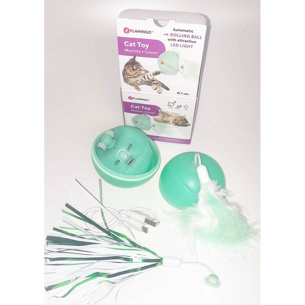 Balle ø 7 cm. magic Mechta 2 en 1 a LED et plumeau . couleur verte. pour chat. - Image 3