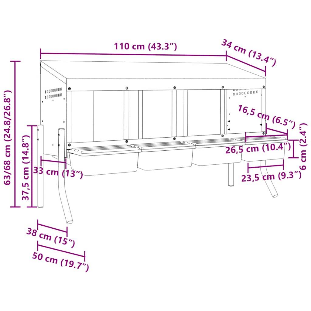 Pondoir nichoir 4 compartiments acier pour poules avec pieds ajustables et toit 110cm argent - ComfortXL Outdoor Living - Image 9