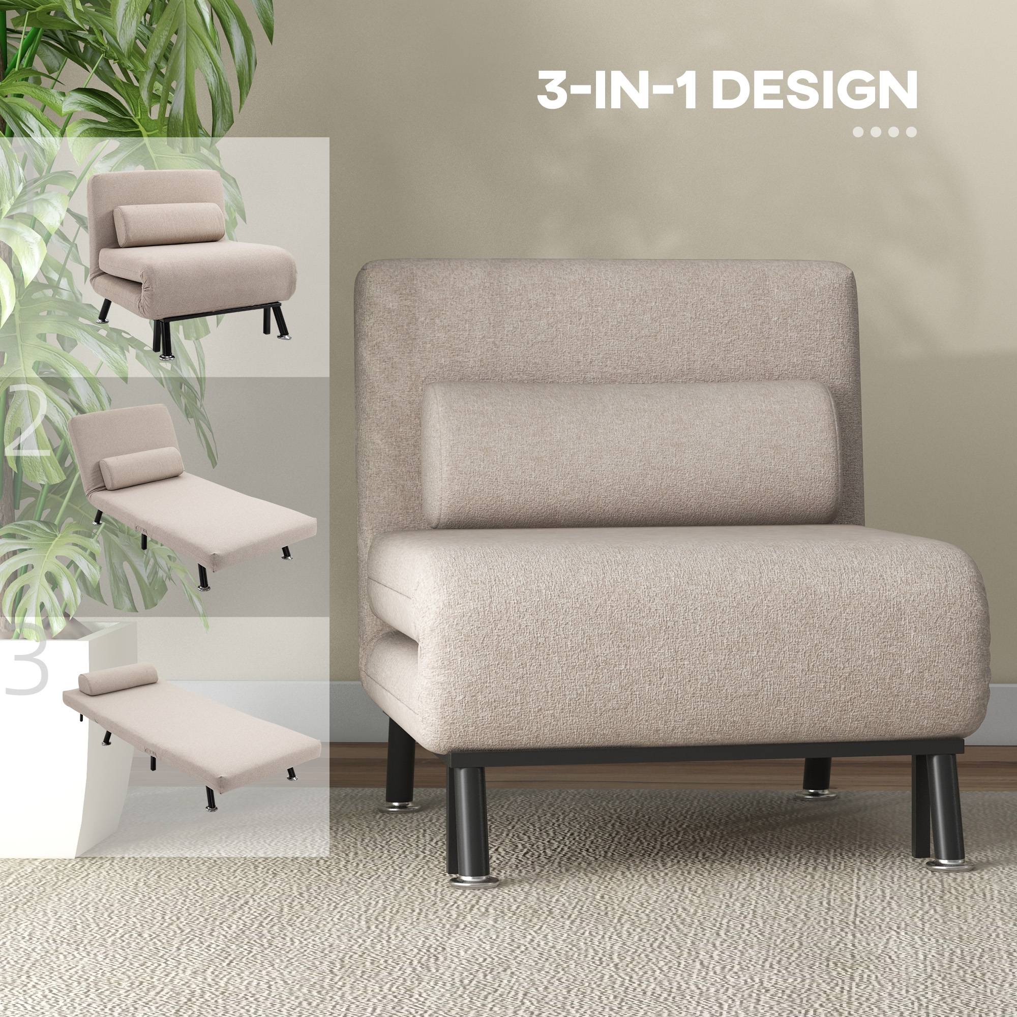 Fauteuil convertible en lit, inclinable pliable aspect lin, dossier réglable, 75 x 70 x 75 cm, beige - Image 8