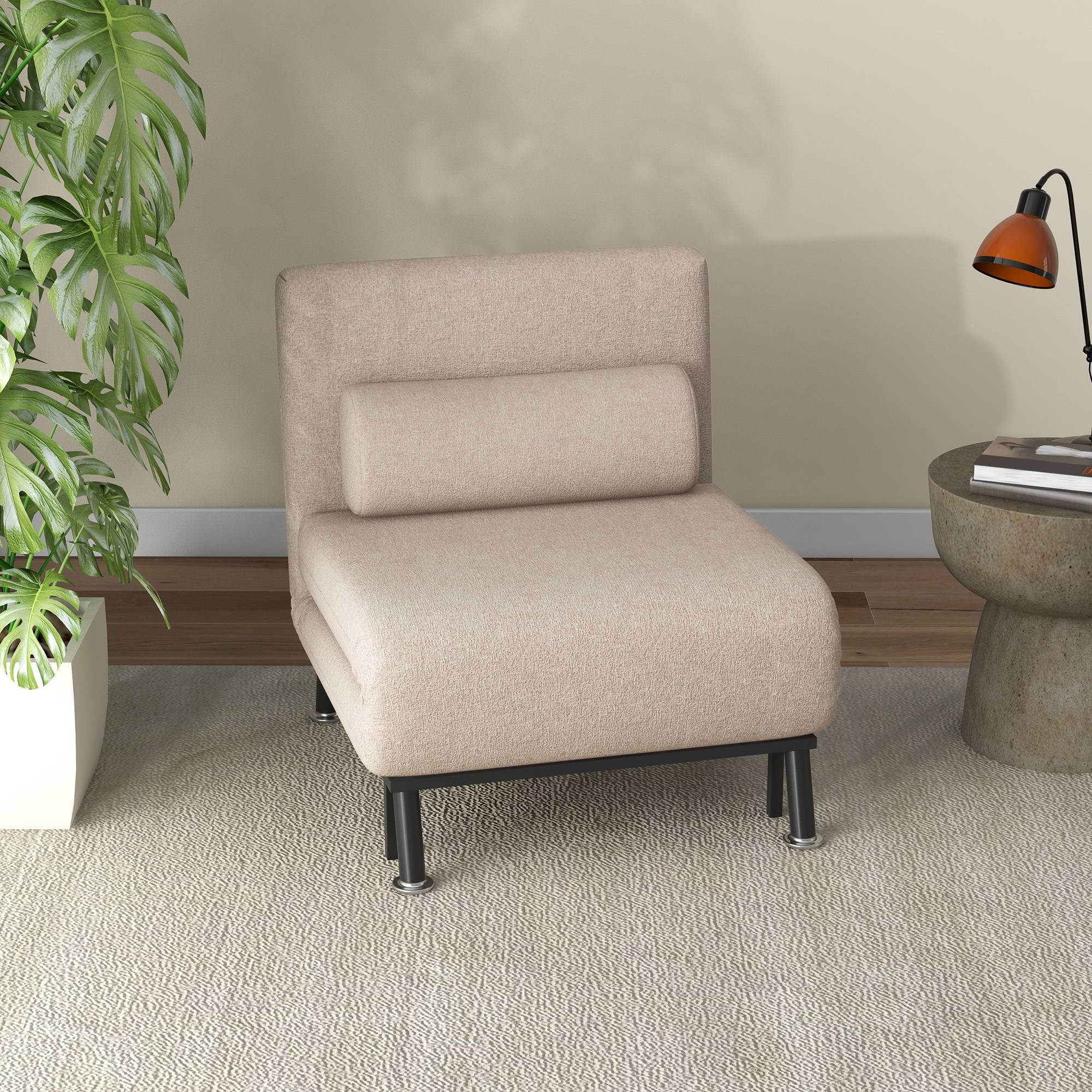 Fauteuil convertible en lit, inclinable pliable aspect lin, dossier réglable, 75 x 70 x 75 cm, beige - Image 3