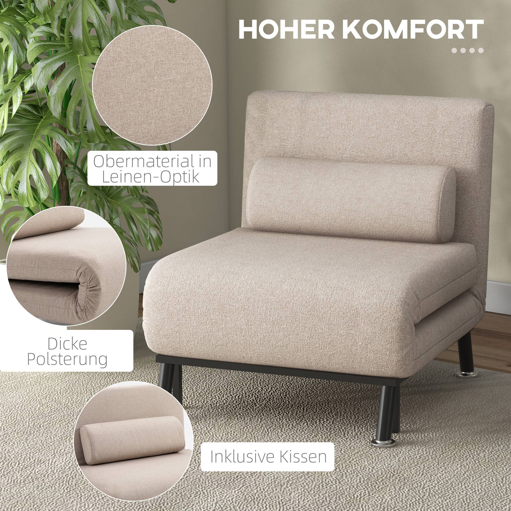Fauteuil convertible en lit, inclinable pliable aspect lin, dossier réglable, 75 x 70 x 75 cm, beige - Image 7