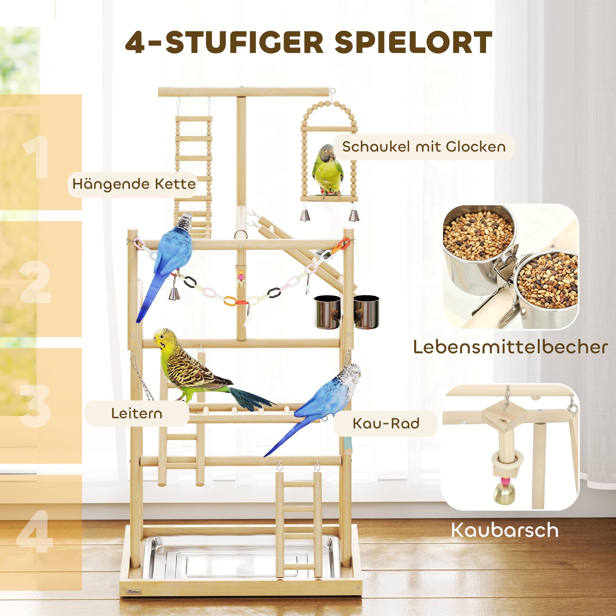 Sans Marque - Support à oiseaux, set de perchoirs, 4 niveaux, plateau inox, jouets, bois naturel - Image 7