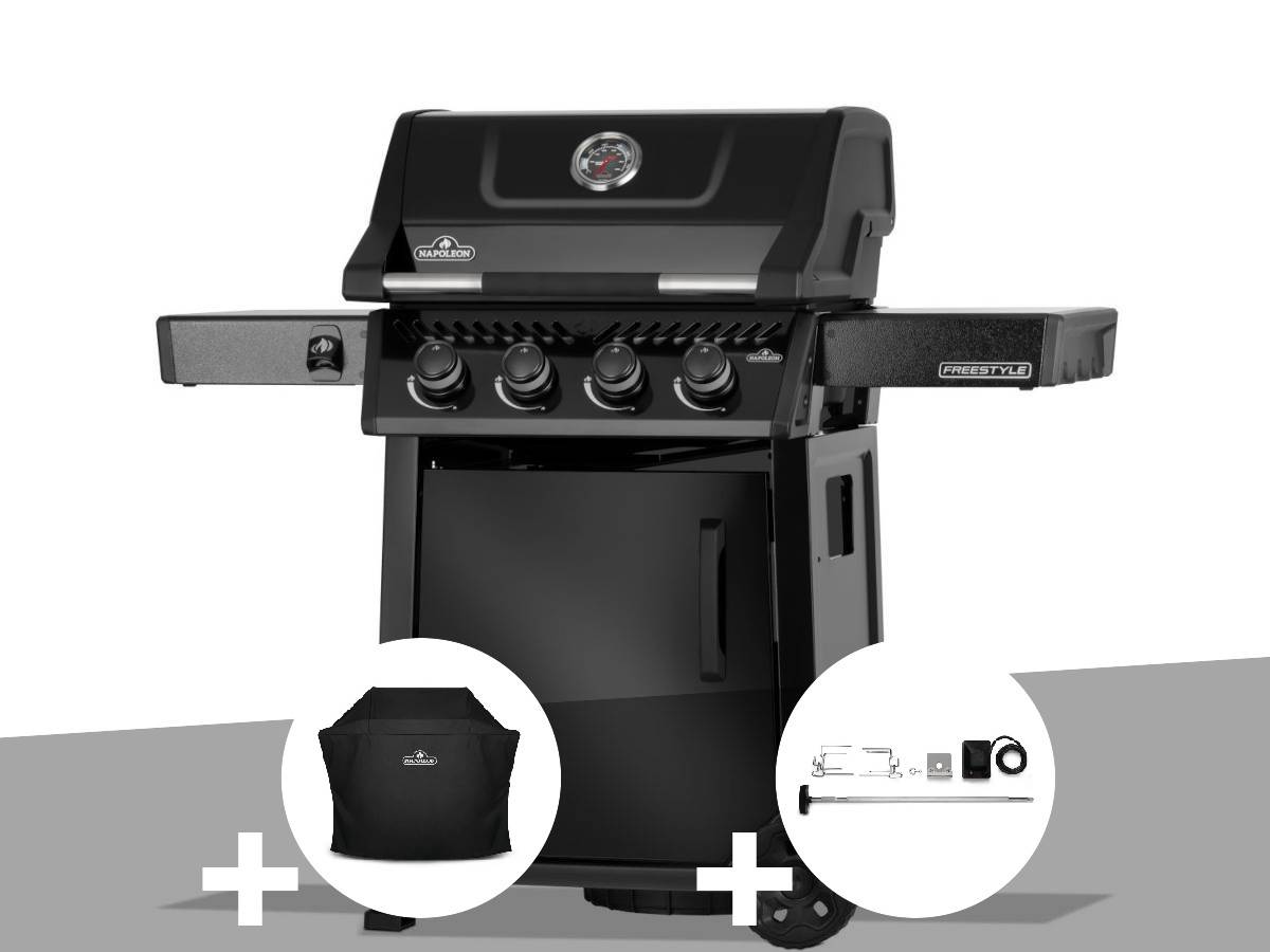 Napoleon - Barbecue gaz Freestyle 425 noir 4 brûleurs avec porte et brûleurs inox + Housse de protection + Rôtissoire - Napoléon - Image 1