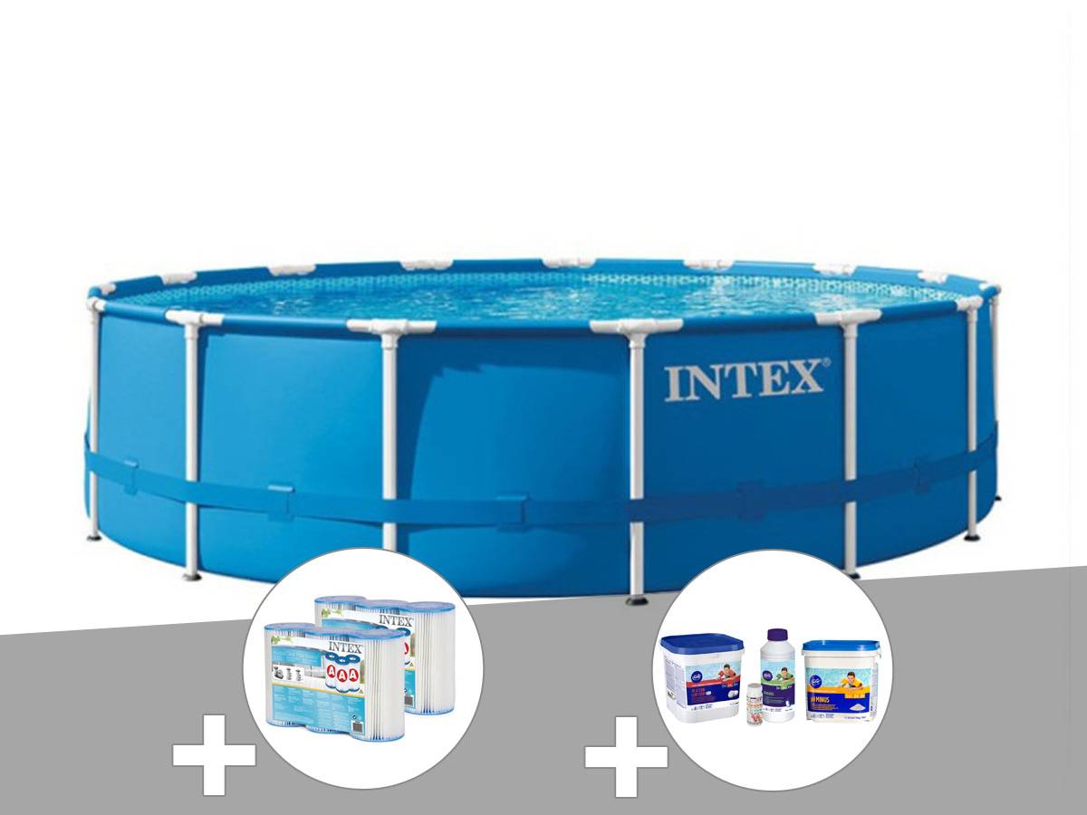 Kit piscine tubulaire Intex Metal Frame ronde 4,57 x 1,22 m + 6 cartouches de filtration + Kit de traitement au chlore - Image 1