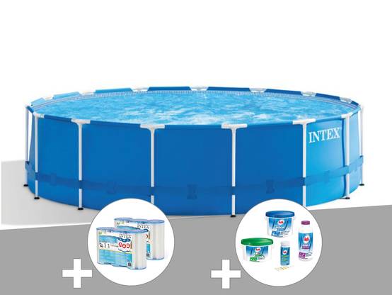 Kit piscine tubulaire Intex Metal Frame ronde 4,57 x 1,22 m + 6 cartouches de filtration + Kit de traitement au chlore - Image 2