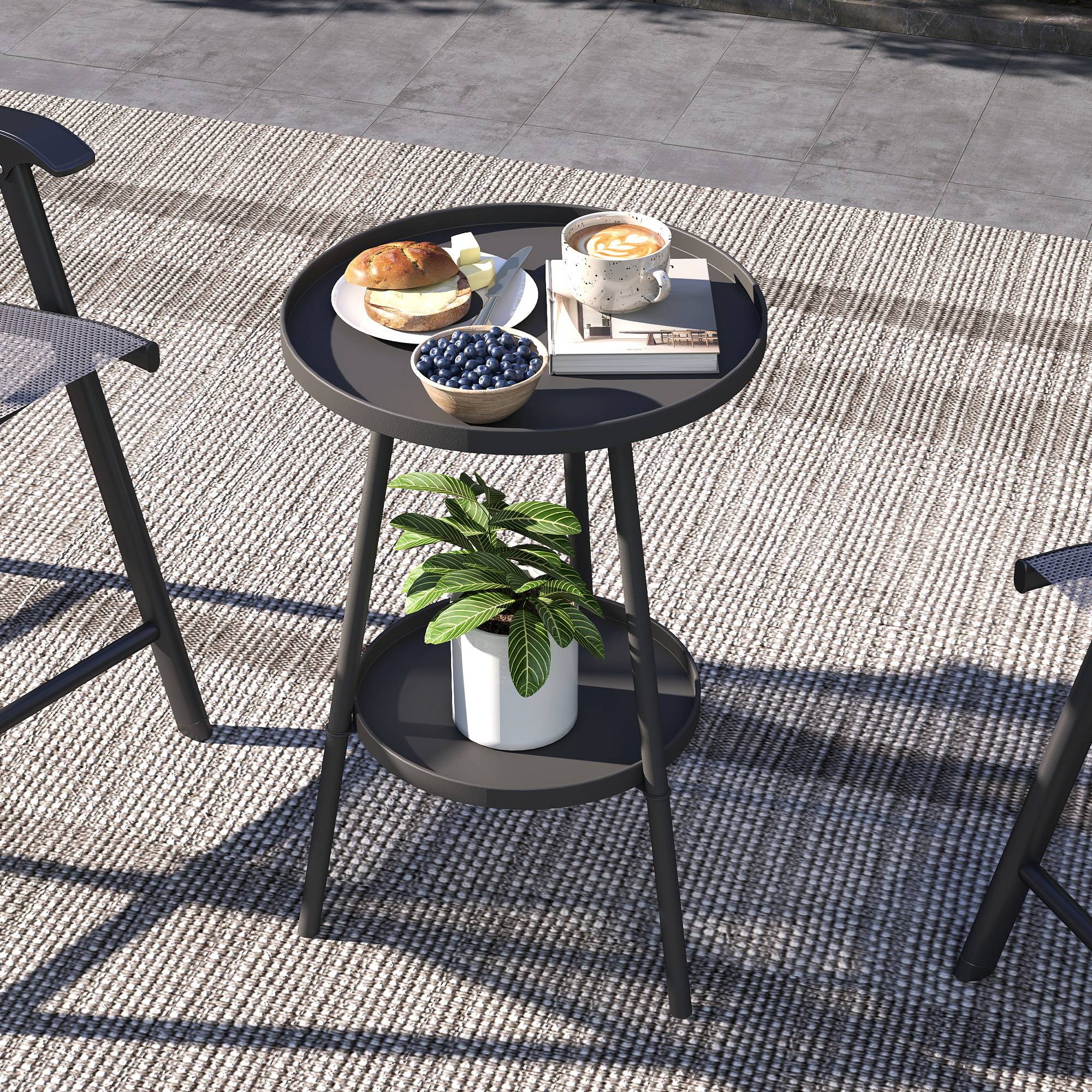 Table de jardin ronde à 2 niveaux avec rebords surélevés et plateau inférieur pour une utilisation intérieure et extérieure Ø32 x 51 cm Noir - Image 4