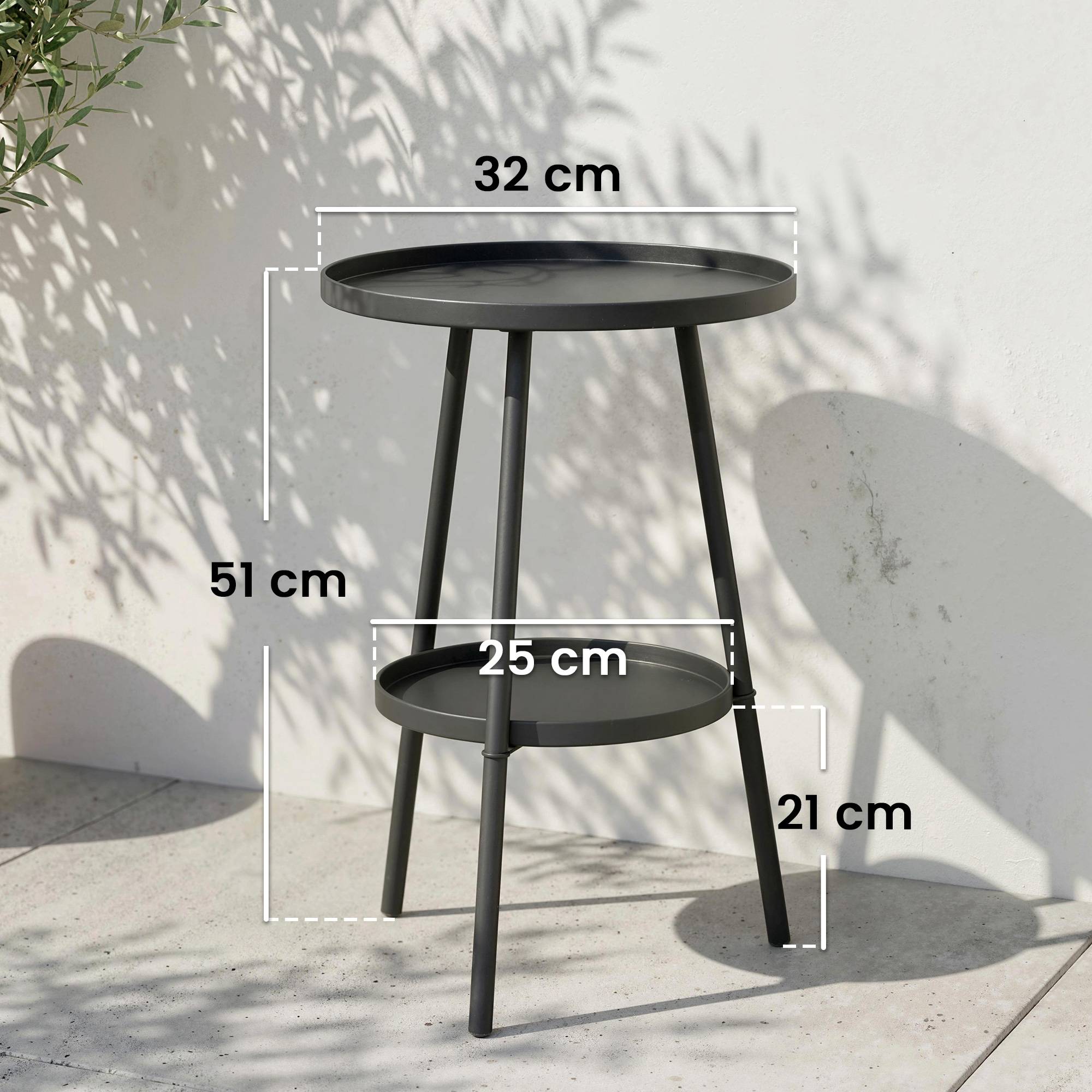 Table de jardin ronde à 2 niveaux avec rebords surélevés et plateau inférieur pour une utilisation intérieure et extérieure Ø32 x 51 cm Noir - Image 5