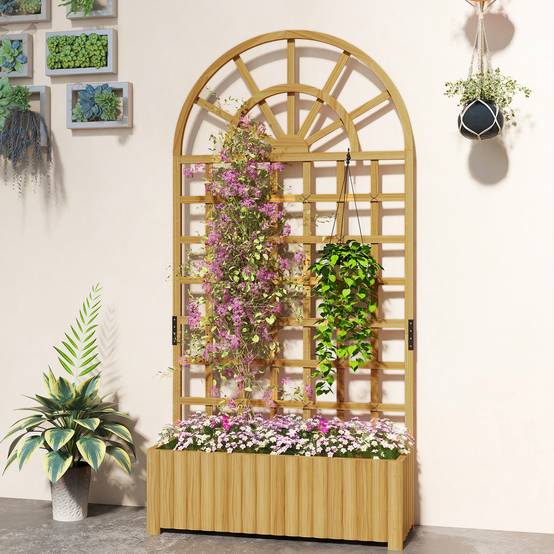 Jardinière treillis en bois avec drainage pour la culture de légumes, fleurs et herbes aromatiques, 90 x 30 x 180 cm, naturelle - Image 4