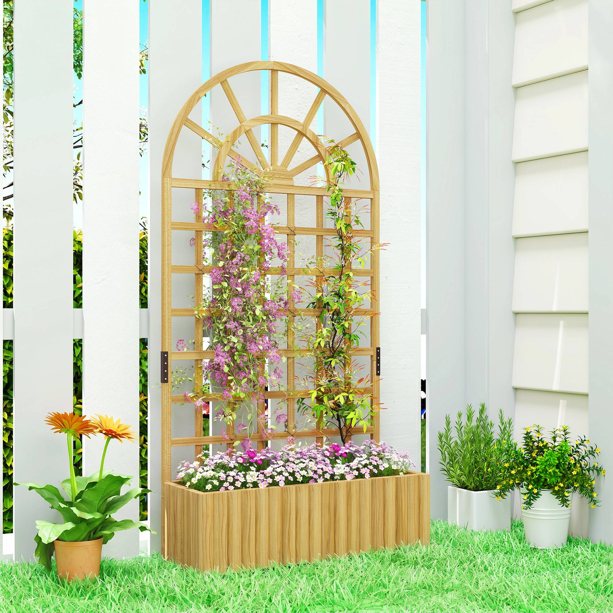 Jardinière treillis en bois avec drainage pour la culture de légumes, fleurs et herbes aromatiques, 90 x 30 x 180 cm, naturelle - Image 3