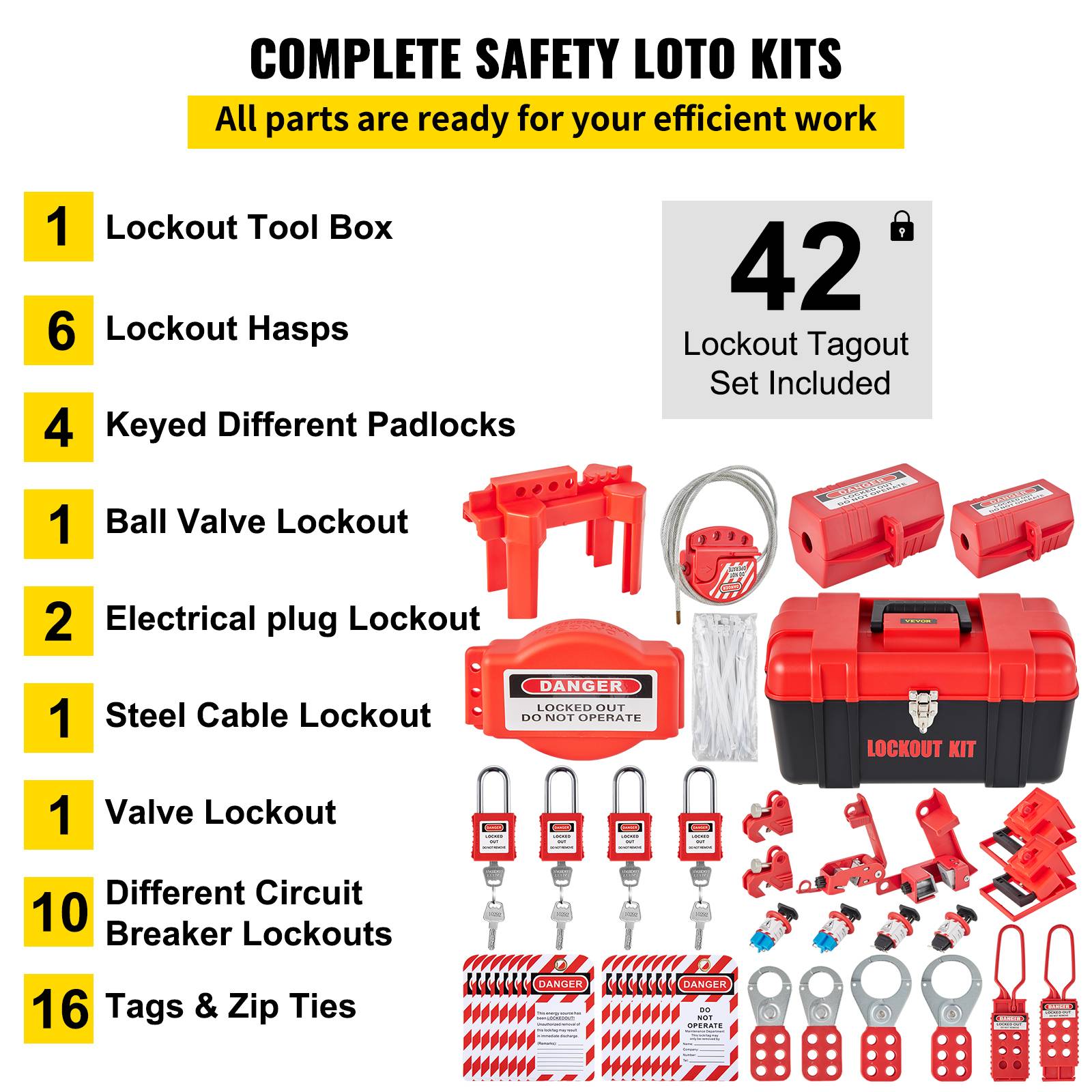 VEVOR Kit étiquetage verrouillage 42 pièces, station cadenas, sécurité électrique. LOTO. - Image 3