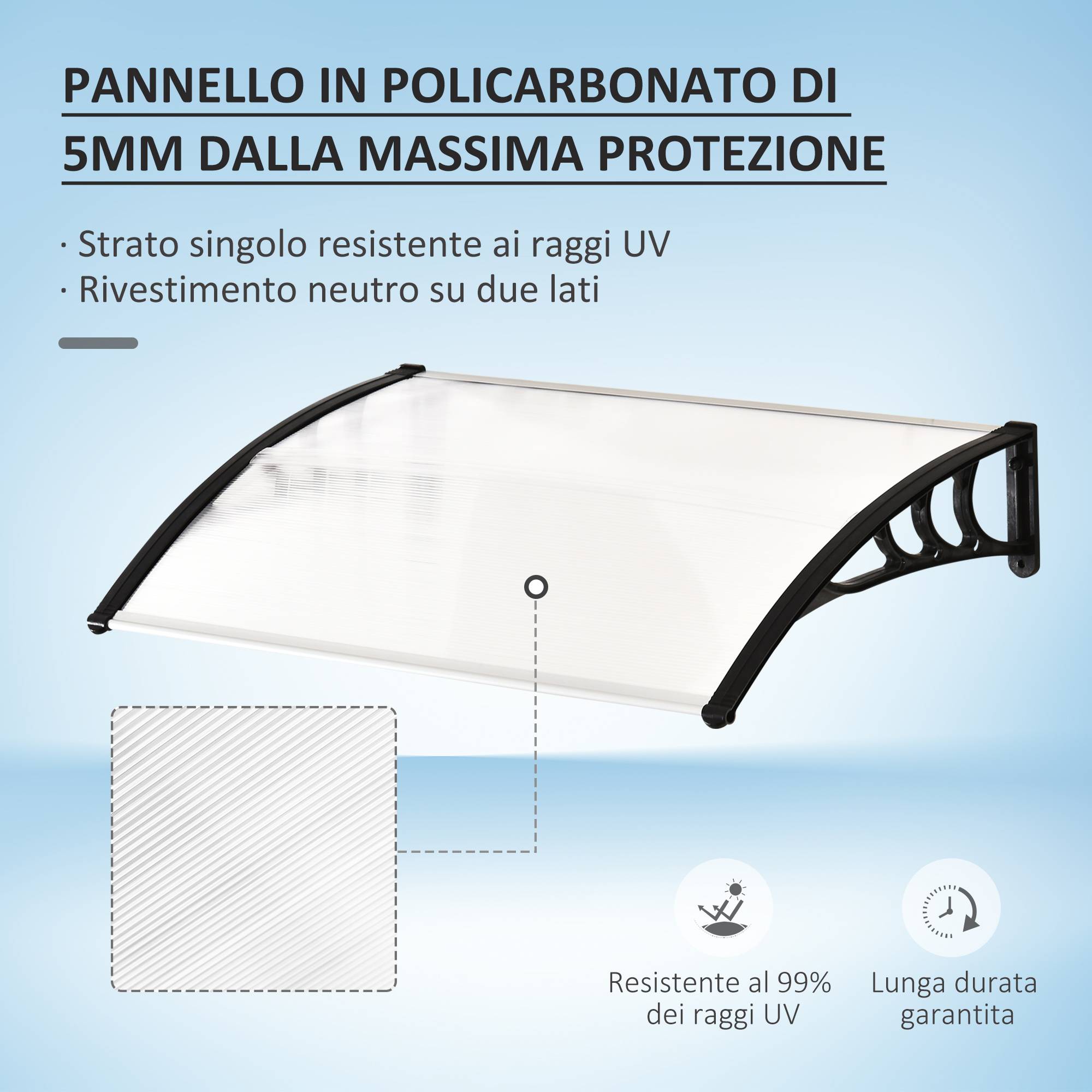 Auvent marquise porte polycarbonate extérieur protection pluie 75x120cm transparent - ComfortXL Outdoor Living - Image 6