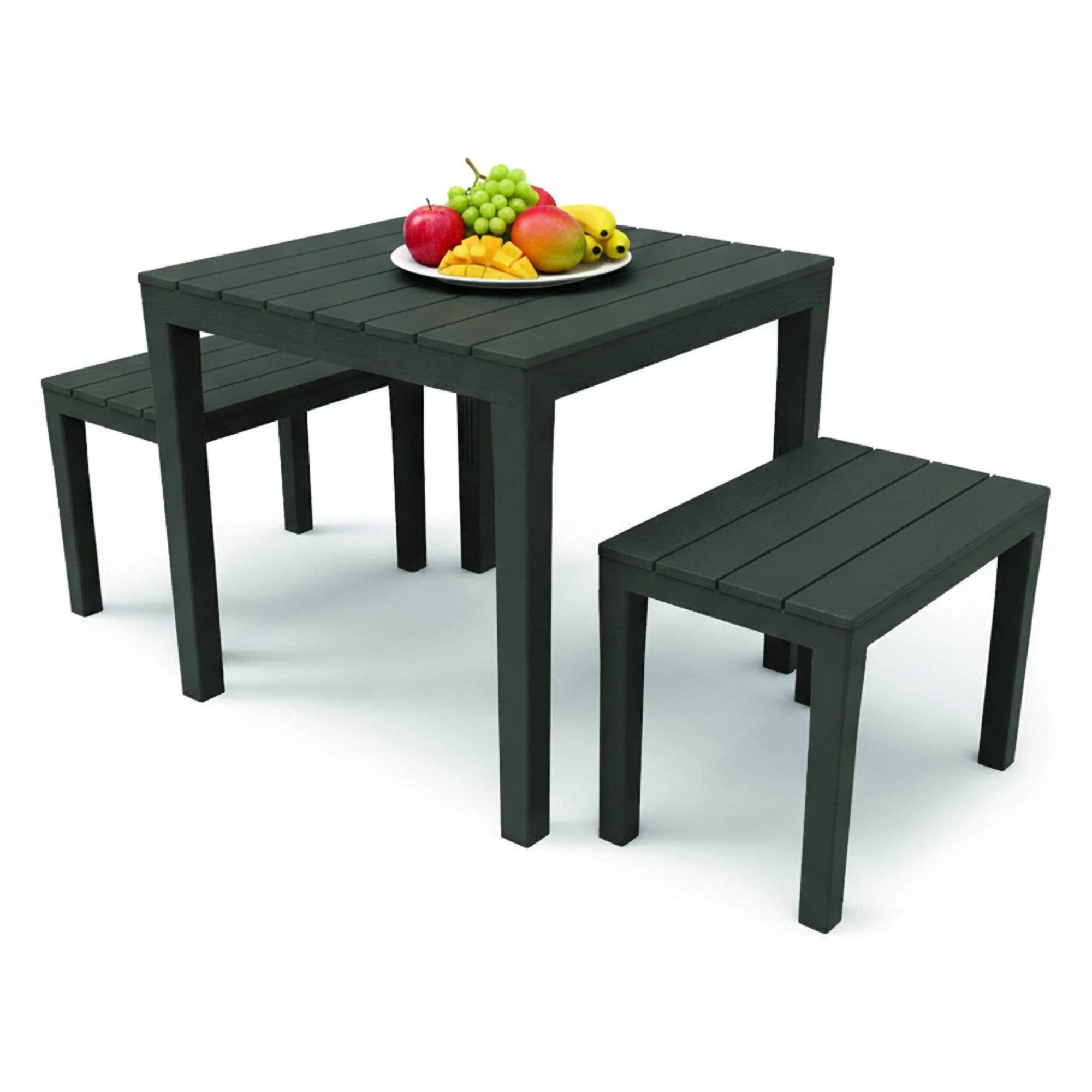 Dmora - Salon d'extérieur Moncalieri, Composition de jardin avec 1 table carrée et 2 bancs, Salon intérieur et extérieur de Pic Nic, Anthracite - Dmora - Image 1