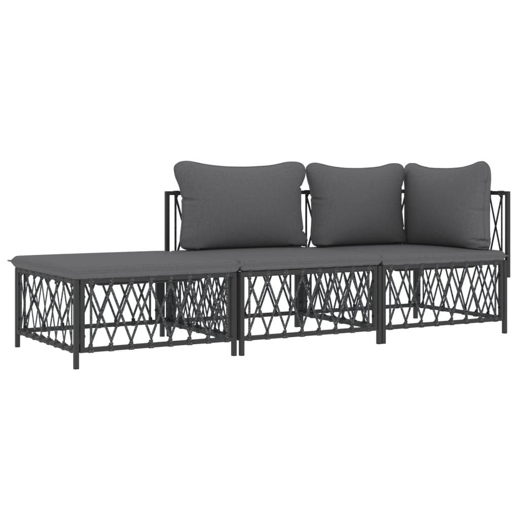 Salon de jardin meuble d'extérieur ensemble de mobilier avec coussins 3 pièces anthracite acier