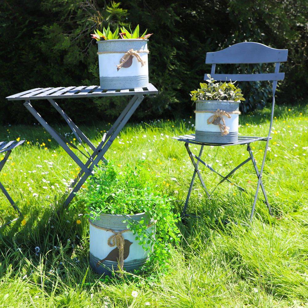 ~ Set de 3 caches pots en métal blanc gris et marron Ø.20.5-23.5-27 cm Chemin de campagne - Image 3