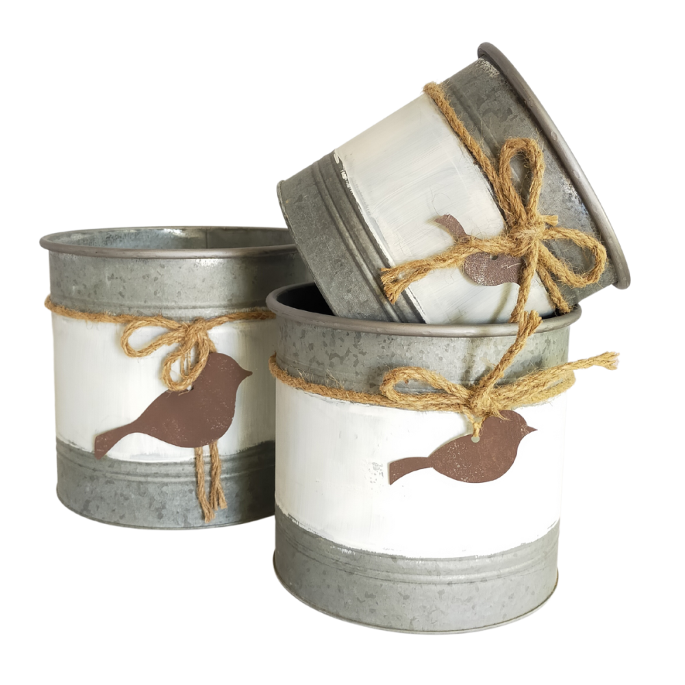 ~ Set de 3 caches pots en métal blanc gris et marron Ø.20.5-23.5-27 cm Chemin de campagne - Image 1