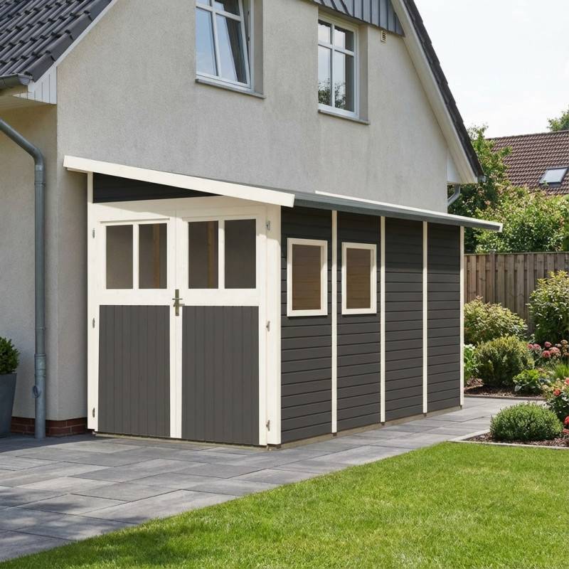 Abri de jardin adossé 6,26m² Wandlitz 4 Karibu bois massif vitrifié gris avec embase