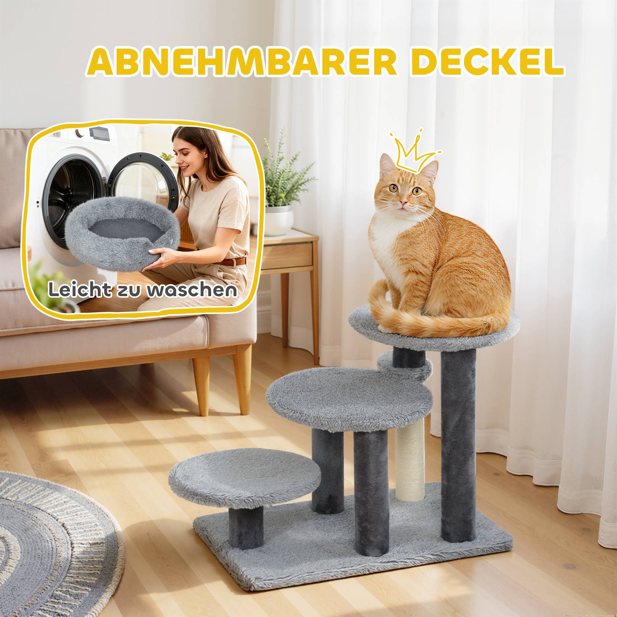 Sans Marque - Griffoir et escalier chat, base large, peluche, sisal, gris - Image 7
