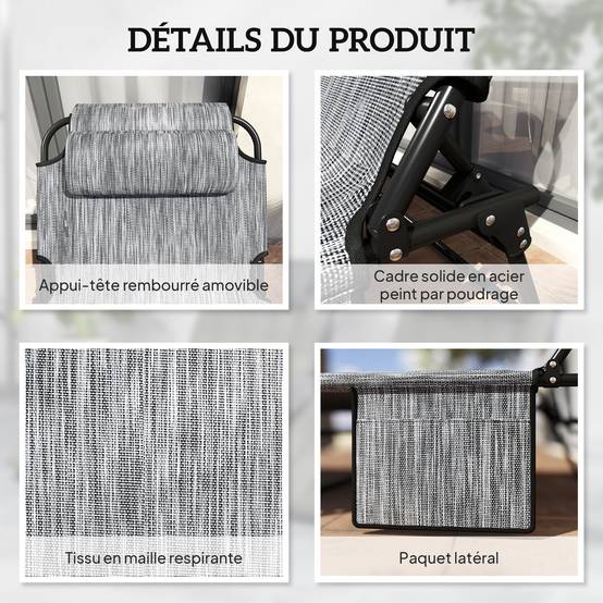 Lot 2 transats pliables acier jardin dossier inclinable matelas épais gris - ComfortXL Outdoor Living - Image 8