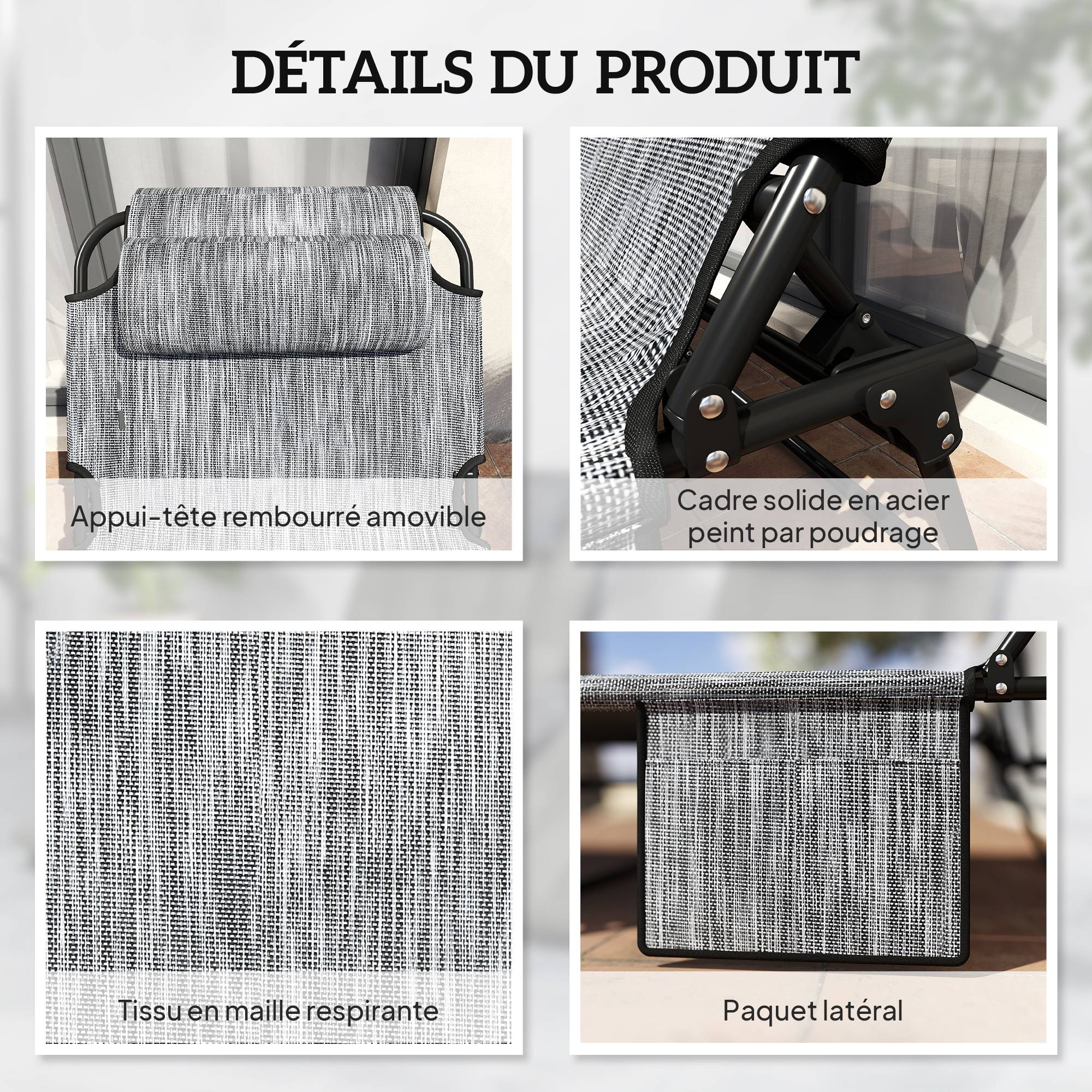 Lot 2 transats pliables acier jardin dossier inclinable matelas épais gris - ComfortXL Outdoor Living - Image 8