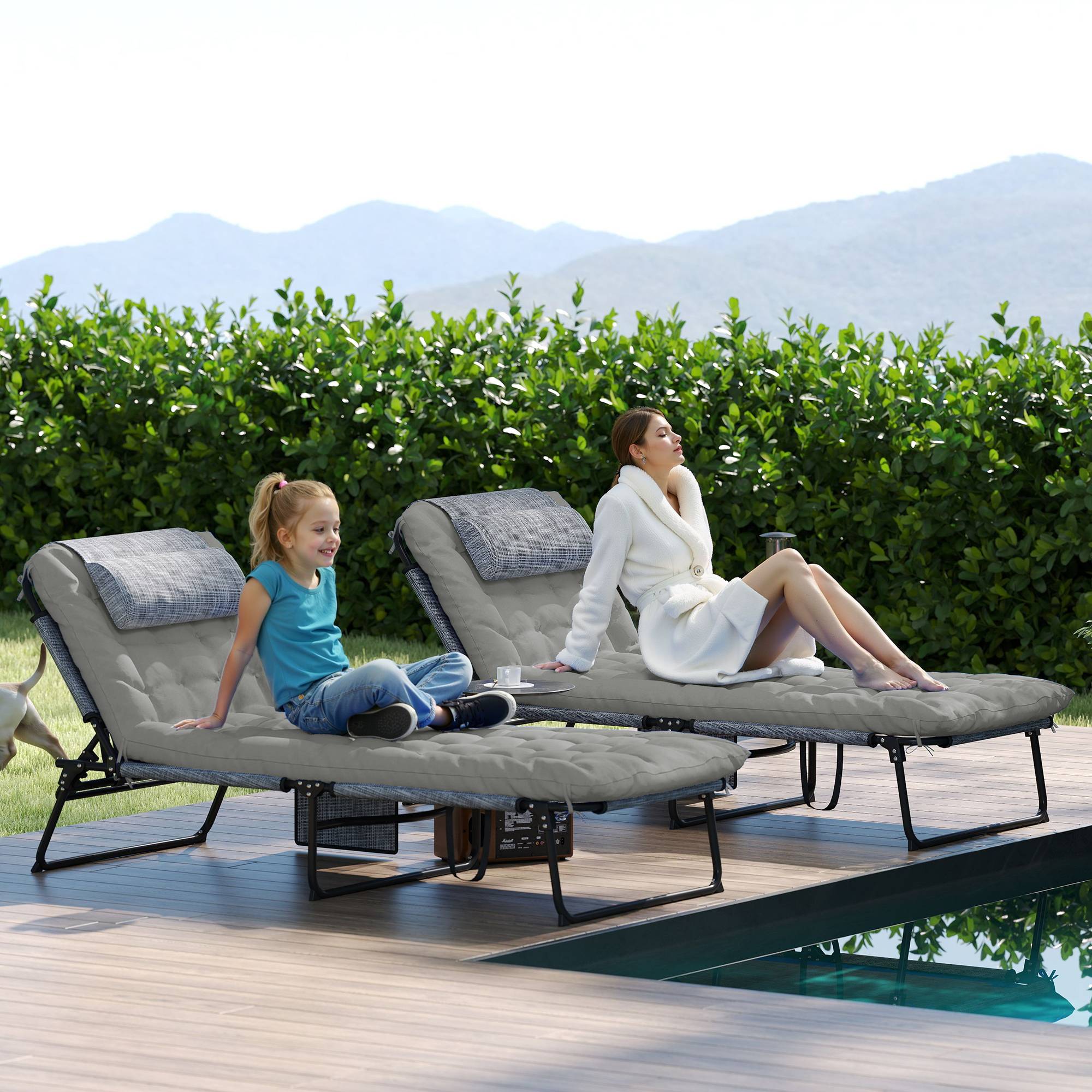 Lot 2 transats pliables acier jardin dossier inclinable matelas épais gris - ComfortXL Outdoor Living - Image 4