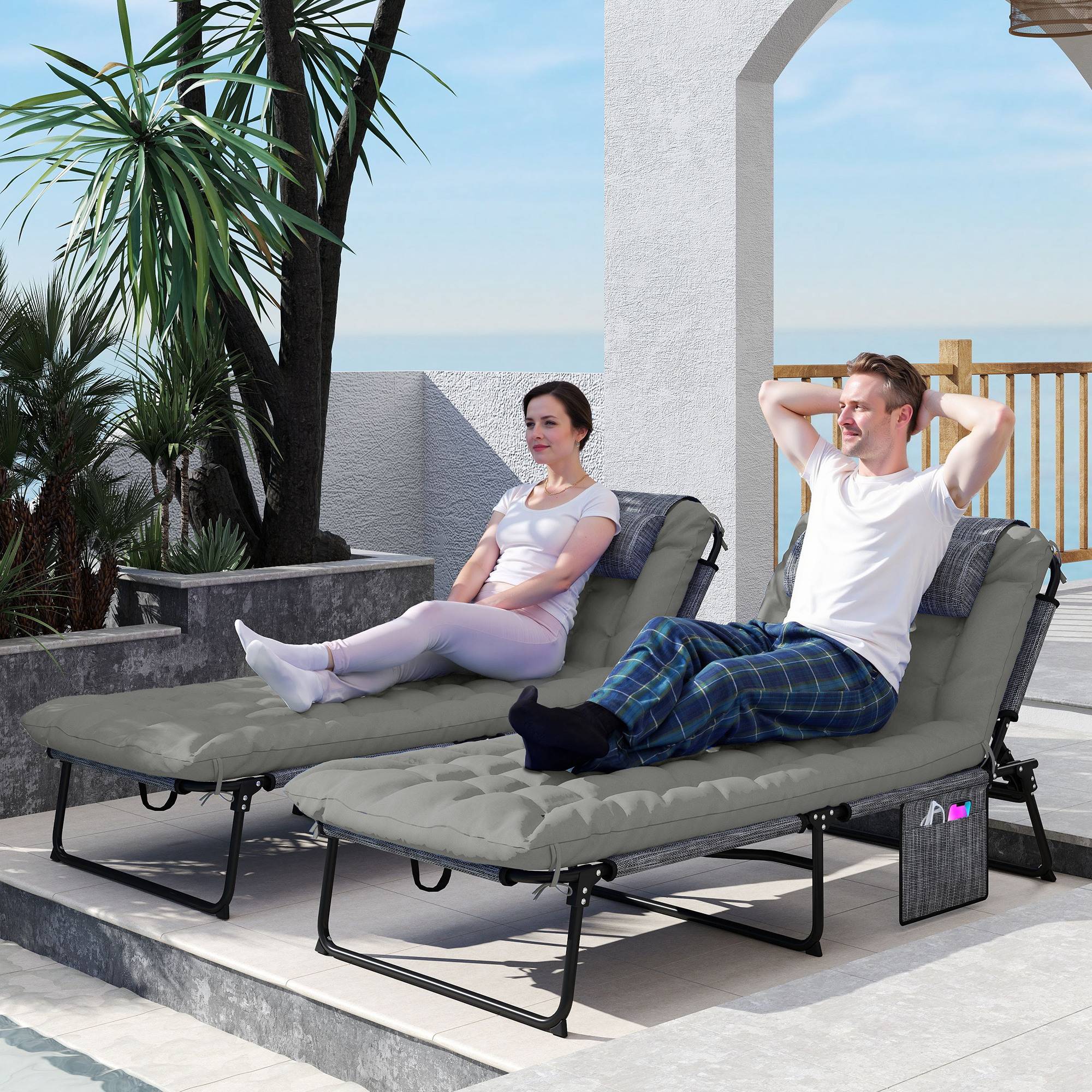Lot 2 transats pliables acier jardin dossier inclinable matelas épais gris - ComfortXL Outdoor Living - Image 3