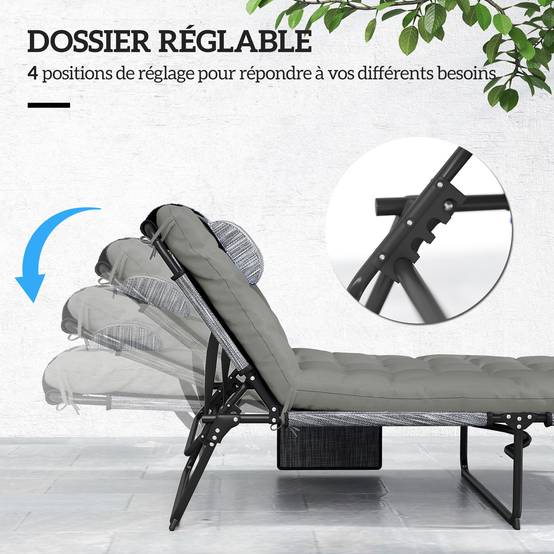 Lot 2 transats pliables acier jardin dossier inclinable matelas épais gris - ComfortXL Outdoor Living - Image 6
