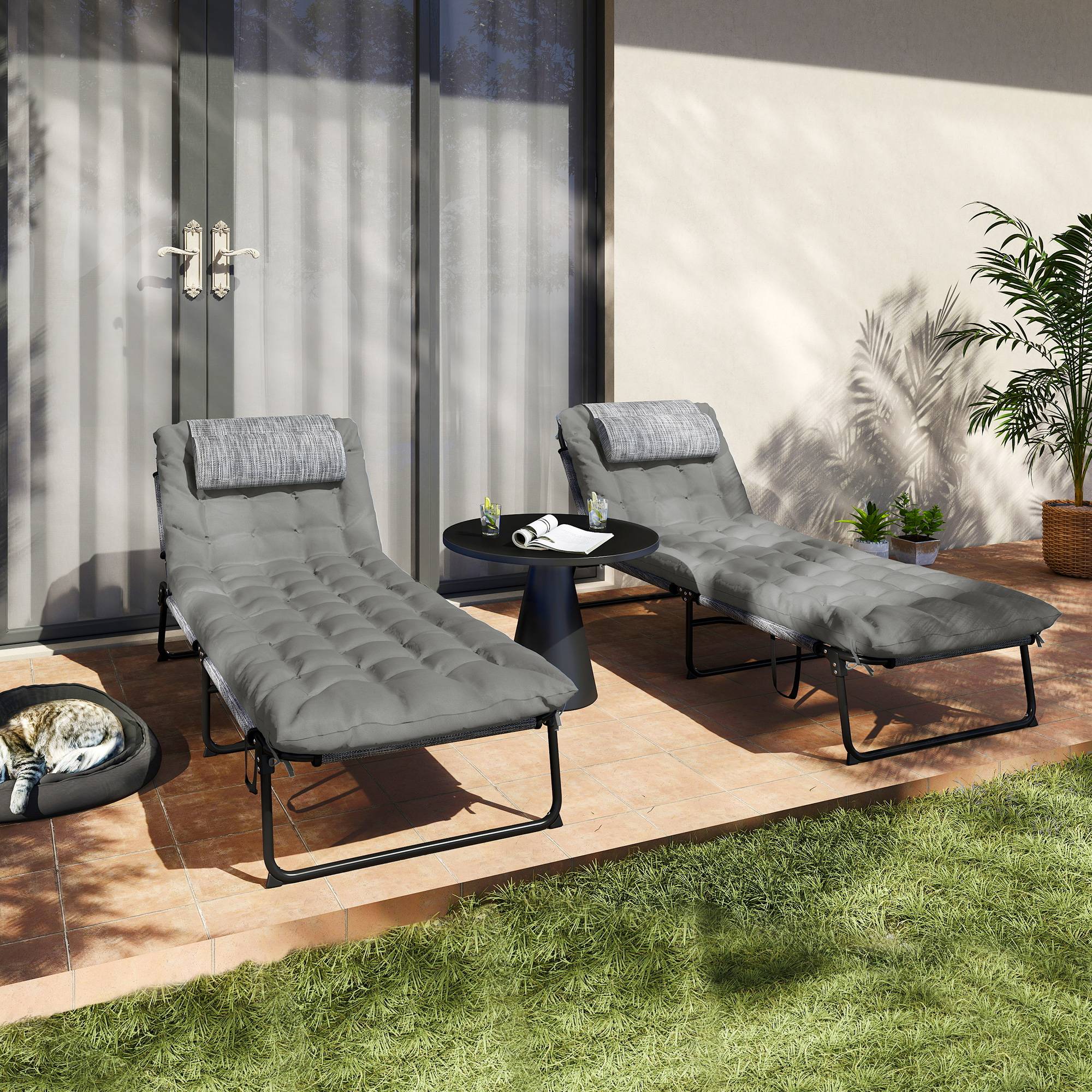Lot 2 transats pliables acier jardin dossier inclinable matelas épais gris - ComfortXL Outdoor Living - Image 10
