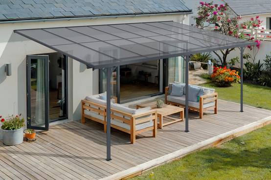 Carport adossé aluminium 15 m² 5 x 3 m toiture polycarbonate 6 mm anti-UV gris anthracite thermolaqué toit incliné réglable kit complet gouttière KLEO - Image 1