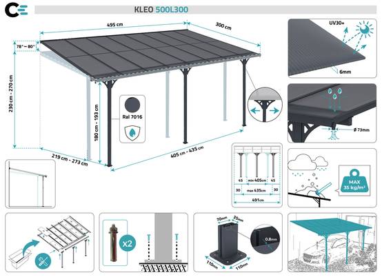 Carport adossé aluminium 15 m² 5 x 3 m toiture polycarbonate 6 mm anti-UV gris anthracite thermolaqué toit incliné réglable kit complet gouttière KLEO - Image 2