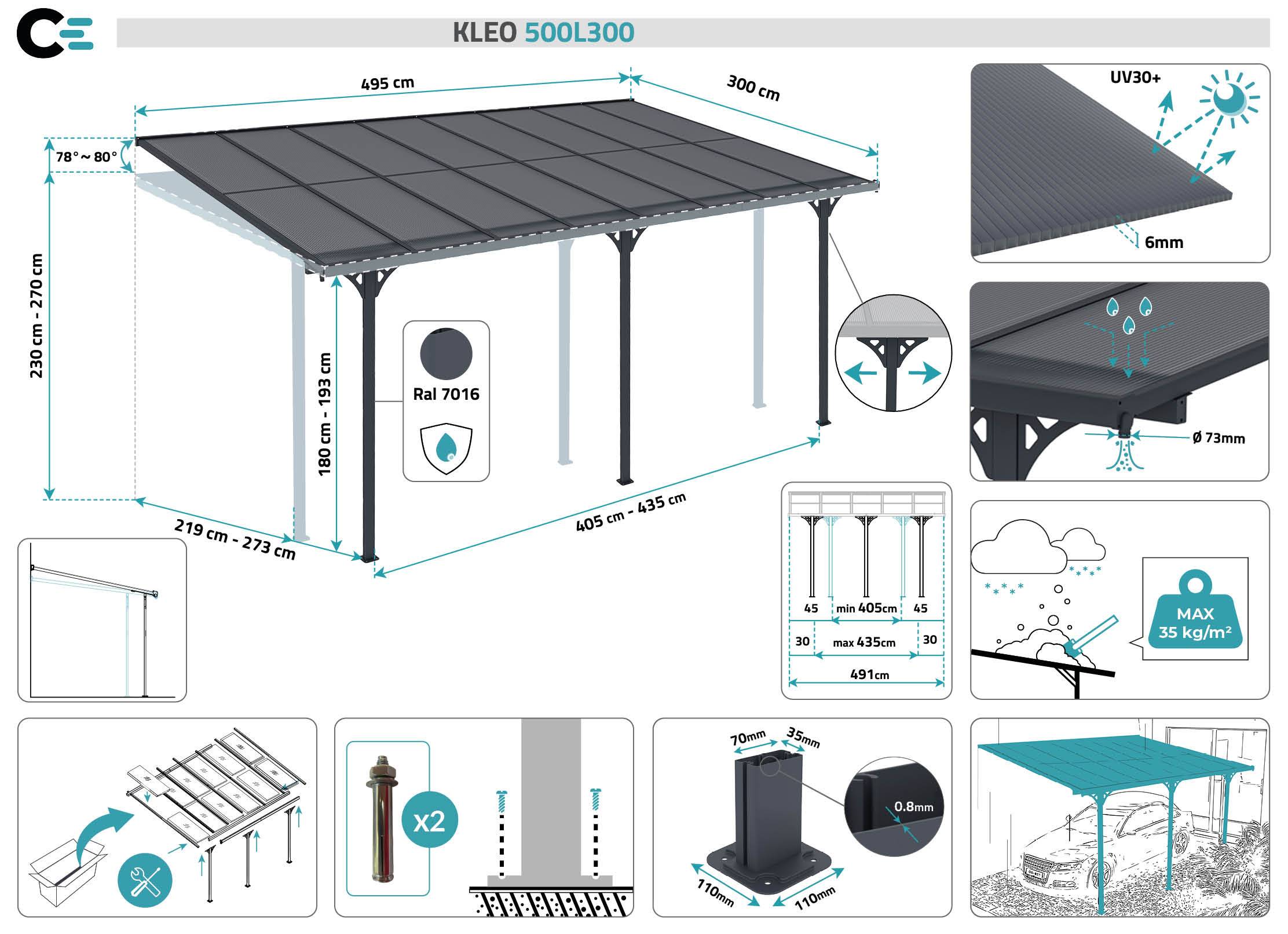 Carport adossé aluminium 15 m² 5 x 3 m toiture polycarbonate 6 mm anti-UV gris anthracite thermolaqué toit incliné réglable kit complet gouttière KLEO - Image 2