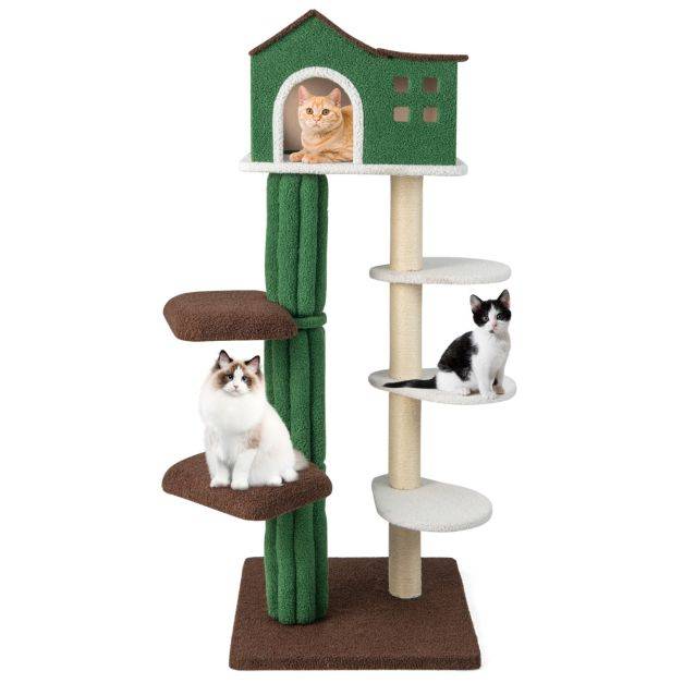 Arbre à chat de 153 cm avec 5 plateformes de saut rotative et condo tour de jeu pour chat avec dispositif anti-renversement vert - Image 2