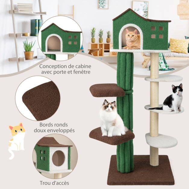 Arbre à chat de 153 cm avec 5 plateformes de saut rotative et condo tour de jeu pour chat avec dispositif anti-renversement vert - Image 6