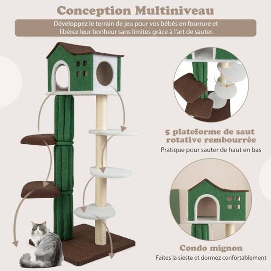 Arbre à chat de 153 cm avec 5 plateformes de saut rotative et condo tour de jeu pour chat avec dispositif anti-renversement vert - Image 3
