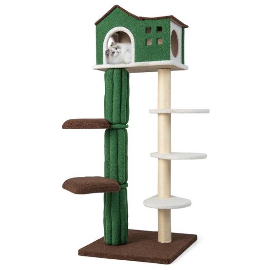 Arbre à chat de 153 cm avec 5 plateformes de saut rotative et condo tour de jeu pour chat avec dispositif anti-renversement vert - Image 1
